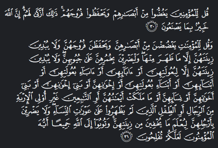 An-nur surah 24 verses 30 and 31 about men and women dress code in islam